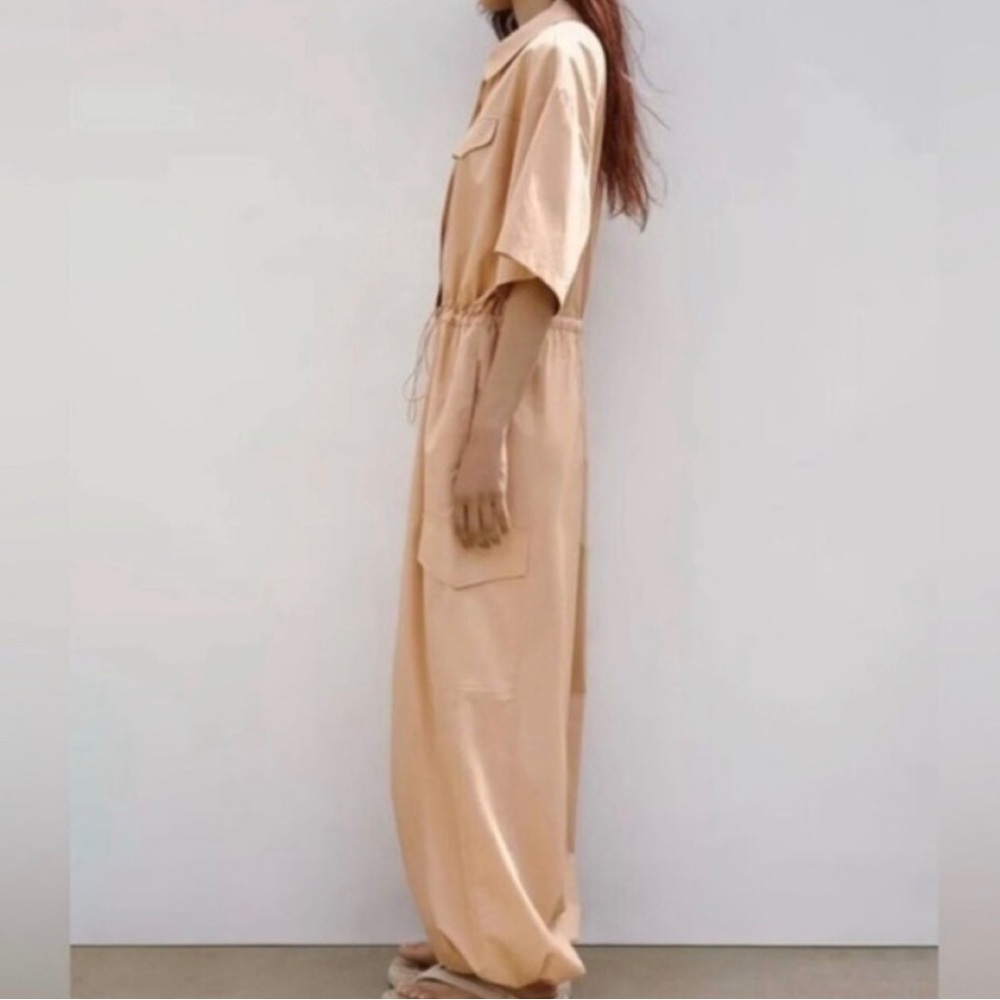 Zara‎ Utility Cotton Jumpsuit Cargo Snap Peach Size Small - Picture 3 of 11